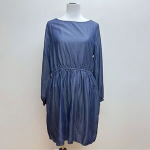 Hawthorne Blue Chambray Long Sleeve Elastic Waist Knee Length Tencel Dress